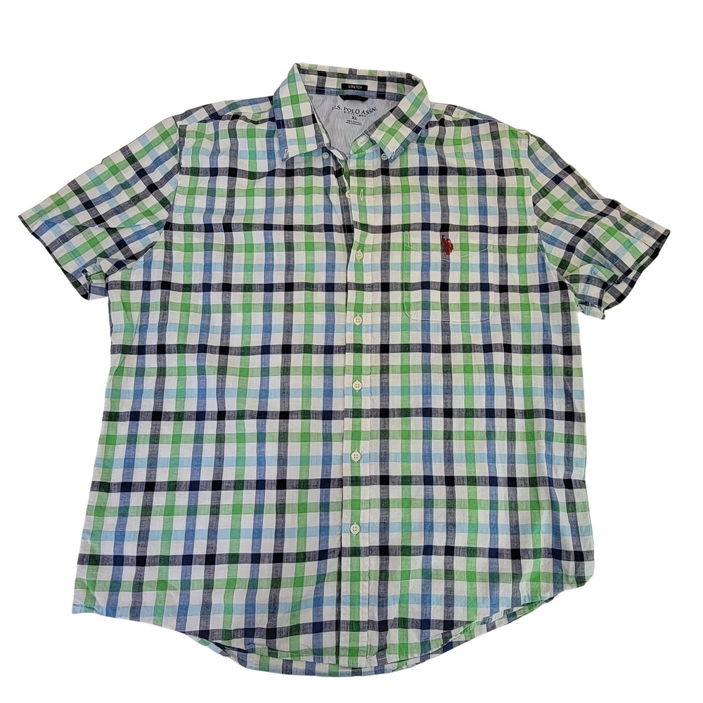 U.S. Polo Assn. Men's XL Blue Green Plaid Stretch Short Sleeve Button Down Shirt